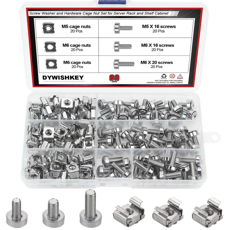 DYWISHKEY Cage Nuts and Screws, DYWISHKEY 60Set Square Hole Hardware Cage Nuts & Mounting Screws Washers for Server Rack and Cabinet (M5 x 16mm, M6 x 16mm, M6 x 20mm) - Image 1